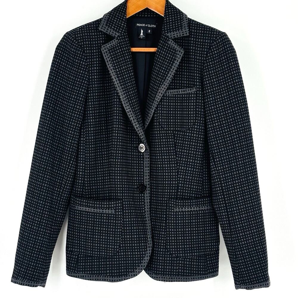 Peace Of Cloth Jacket Blazer Women’s Size 2 Black Checkered 2 Button NY USA